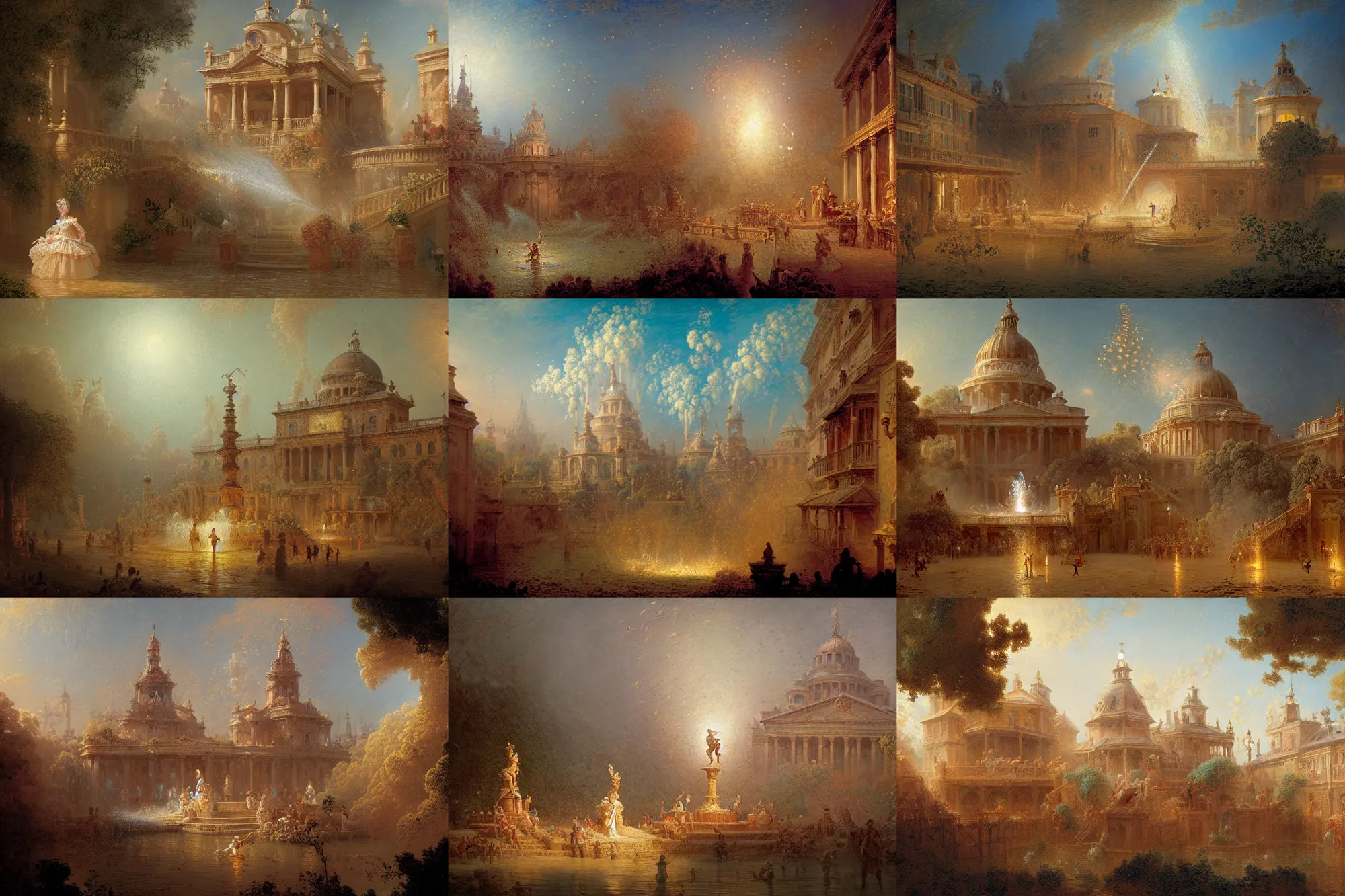 Prompt: colonial themepark showing the stars with large fountains of water, sand dust, stoic, light dust, magnificent, hyperdetailed, theatrical, close up, masterpiece, painted by jean honore fragonard and greg rutkowski