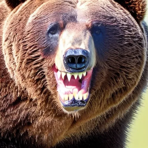 Image similar to close up of bear with and open mouth 3 ribs in between its teeth, frightening, disturbing