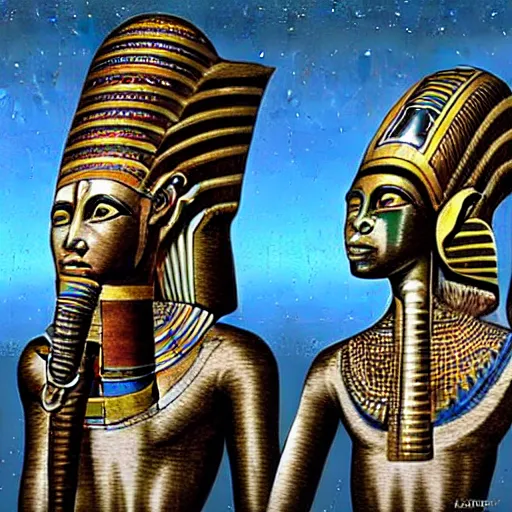 Image similar to the annunaki have returned to egypt wearing space suits that look like egyptian pharoah head - dresses and breathing hoses that look like elephant trunks - alien - looking, cyborg, detailed, photo - realism