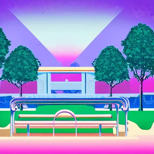 Prompt: art deco vaporwave illustration of a park with trees and benches, in a futuristic pastel city