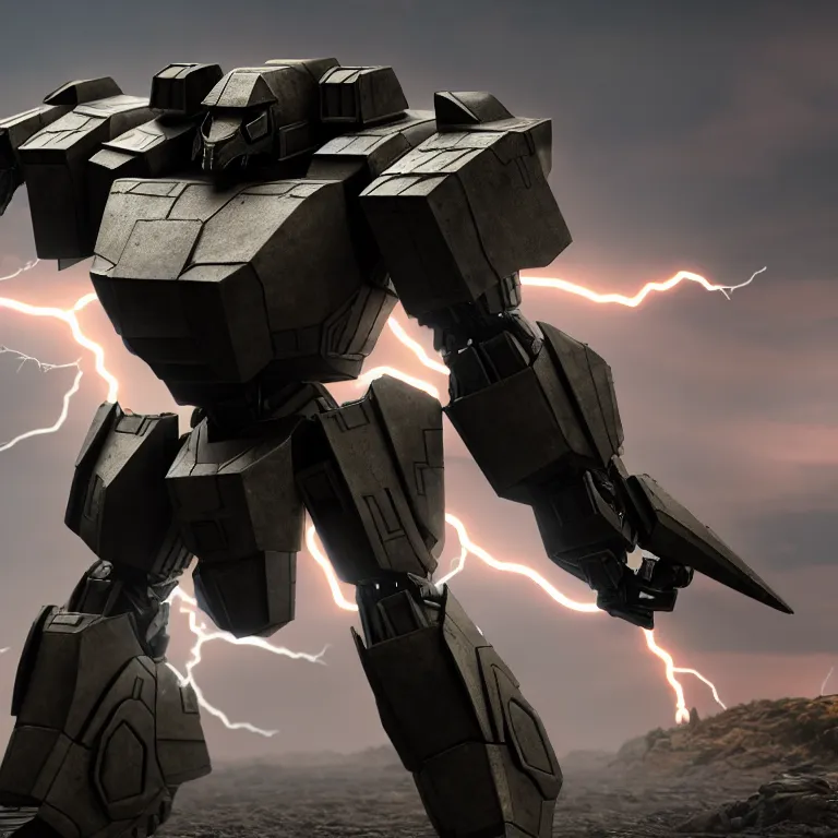 Image similar to hyper detailed 8 k cg cinematic still, rendering with volumetric lightning and ray tracing, show case of full body aggressive armored core, weathering armor plating, decipticon armor plating, aggressive head, endoekeleton exposure