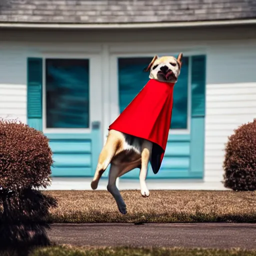 Prompt: dog wearing a cape flying over a house