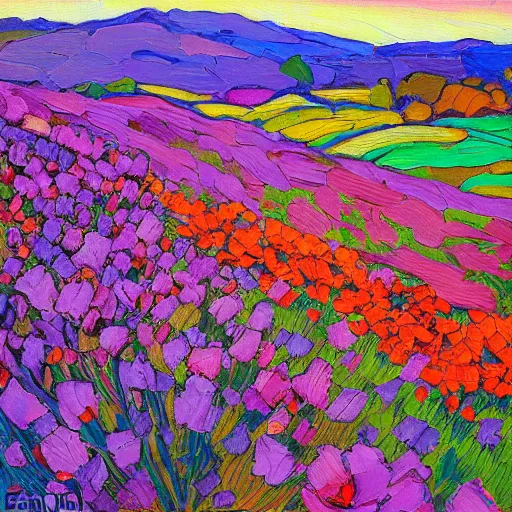 Prompt: a field of poppy flowers and lilac in front of rolling hills during sunset, art by erin hanson, oil painting, muted colors