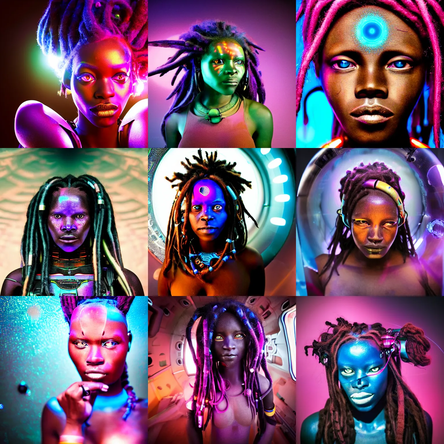 Prompt: beautiful futuristic himba woman frowning inside a spaceship, glowing magenta mechanical eye, robotic prosthetic arm, blue glass dreadlocks, hyperrealistic, sci - fi, dramatic lighting, intricate, soft focus