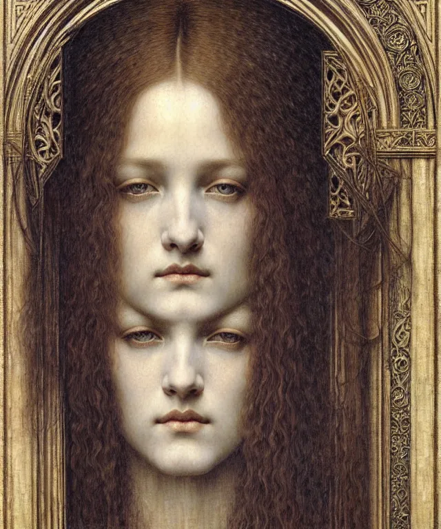 Image similar to detailed realistic beautiful young medieval queen face portrait by jean delville, gustave dore and marco mazzoni, art nouveau, symbolist, visionary, gothic, pre - raphaelite. horizontal symmetry