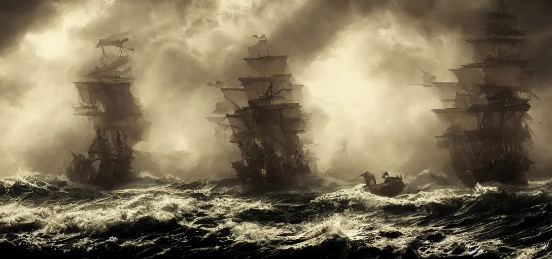 Prompt: wild ocean storm at night, old wooden pirate ship battle, appearing from fog, mist, dramatic lighting, cinematic, establishing shot, extremly high detail, foto realistic, pirates of the carribean, cinematic lighting, post processed, concept art, artstation, matte painting, style by eddie mendoza, raphael lacoste, alex ross