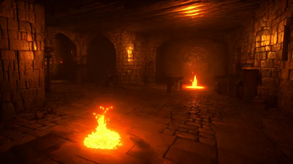 Image similar to delicious torch lit prison dungeon jail cell atmospheric unreal engine hyperreallistic render 8k character concept art masterpiece screenshot from the video game the Elder Scrolls V: Skyrim orange flame global illumination