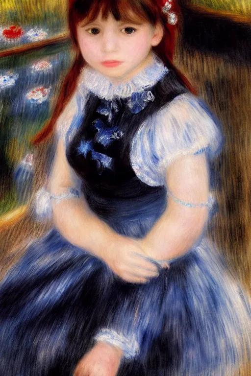 Prompt: a realistic portrait of black - haired little girl in a blue lolita dress with stars and petticoat sitting on the new york city subway by renoir, detailed eyes, 4 k resolution