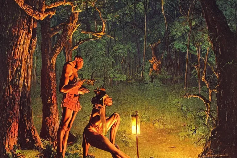 Prompt: a scenic view of an african god in the middle of a magical forest at night, detailed, cinematic, dramatic scene, retro illustration by Norman Rockwell.