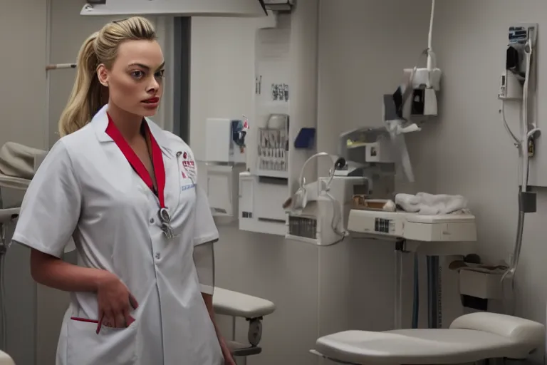Image similar to margot robbie as a nurse in a hospital, thicc, detailed body, seductive eyes, wall lighting, healthcare setting
