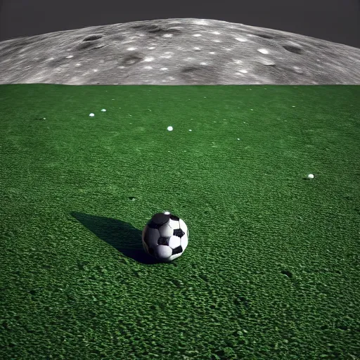 Image similar to 3 d render of a green soccer pitch on the moon, extreme long shot, unreal engine, realistic