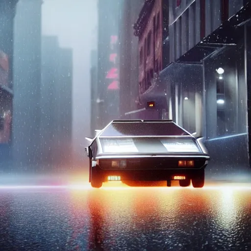 Image similar to hyperdetailed, photorealistic photograph of a dmc 1 2 delorean driving in the streets, rain, night, dense fog, hd, unreal engine 5