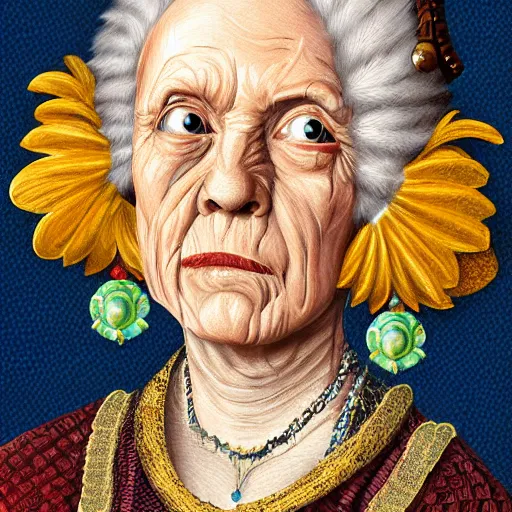 Prompt: portrait headshot digital painting of a old 17th century old lady cyborg merchant, amber jewels clorful feathers baroque ornate clothing