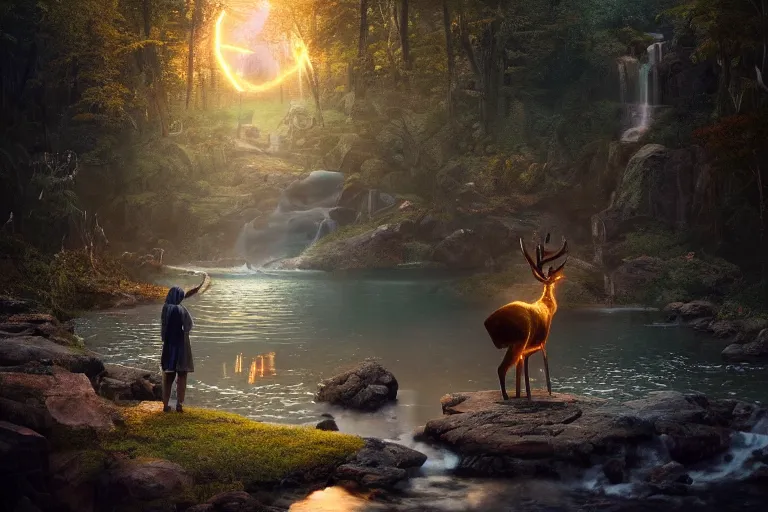 Image similar to deer god with glowing antlers next to lake and waterfall, moonlight, art by artgerm and greg rutkowski, cinematic shot, intricate, photorealistic, artstation, realistic, 1 0 0 mm, photography, octane, high definition, depth of field, bokeh, 8 k