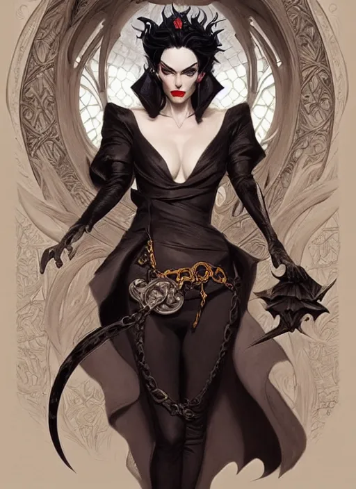 Image similar to cruella de vil, d & d, fantasy, intricate, elegant, highly detailed, digital painting, artstation, concept art, matte, sharp focus, illustration, hearthstone, art by artgerm and greg rutkowski and alphonse mucha