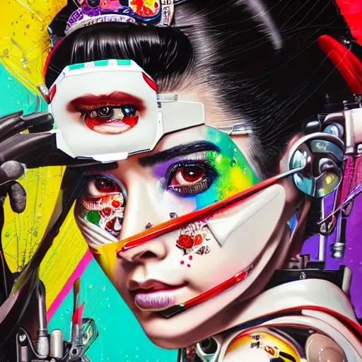 Image similar to portrait of cyborg geisha by sandra chevrier, by makoto shinkai, cybernetics, glamor shot, closeup, vivid colours, hyper realistic detailed intricate render, hypermaximalist, ornate, epic composition, sharp focus, masterpiece