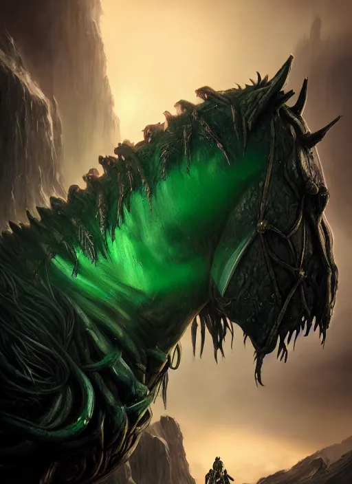 Image similar to an epic fantasy comic book style portrait painting of an giant abyssal green alien horse, humanoid, menacing. unreal 5, daz, hyperrealistic, octane render, cosplay, rpg portrait, dynamic lighting