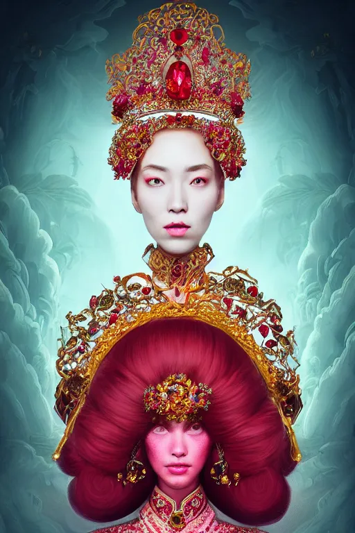 Prompt: a singular beautiful empress portrait, with a brilliant, impossible striking shiny big ruby headpiece, symmetrical, reflective surface, ruby clothes, rococo, baroque, jewels, asian, realistic, studio lighting, closeup, D&D, fantasy, intricate, elegant, highly detailed, digital painting, artstation, octane render, 8k, concept art, matte, sharp focus, illustration, art by Artgerm and Greg Rutkowski and Alphonse Mucha