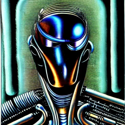 Prompt: futurist cyborg emperor, perfect future, award winning art by hr giger, iridescent color palette