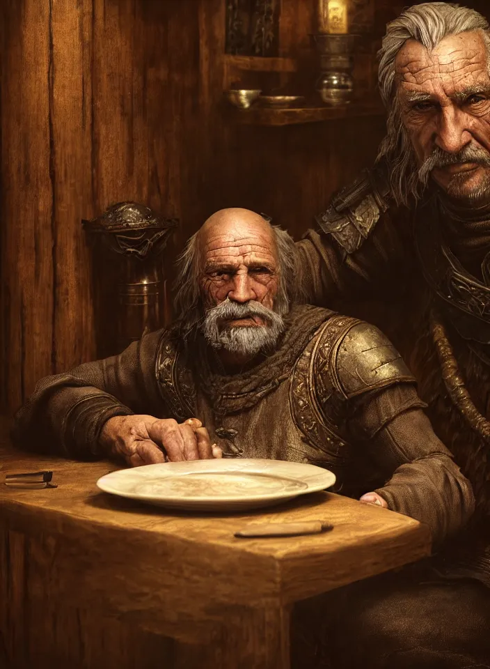 Prompt: a closeup portrait of an older man from skyrim sitting in a tavern, fantasy setting, tavern environment, serene colors, soft lighting, atmospheric, cinematic, moody, in the style of diego koi, gina heyer, luiz escanuela, art by alyssa monk, depth, hyperrealism, rule of thirds, golden ratio, oil on canvas, 8 k