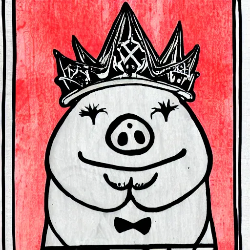 Image similar to pig wearing crown, anime style art, black and white, 30mm
