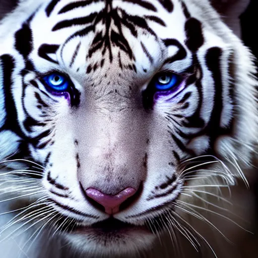 Prompt: realistic photo portrait of a white tiger | blue eyes | colorful blue eyes | cinematic photo | cinematic shot | epic | 8k resolution | realistic | hyperrealistic