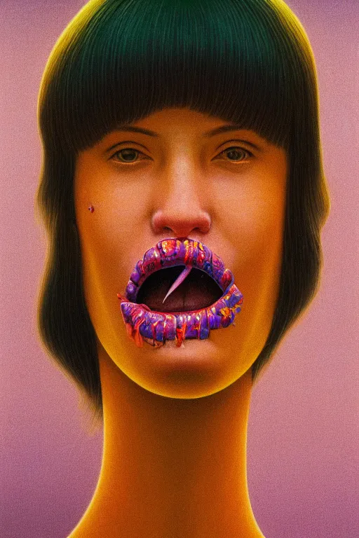 Image similar to a scifi closeup portrait of a young british woman licking a blotter paper of LSD acid on his tongue and dreaming psychedelic hallucinations in cosmos, by kawase hasui, moebius, Edward Hopper and James Gilleard, Zdzislaw Beksinski, Steven Outram colorful flat surreal design, hd, 8k, artstation