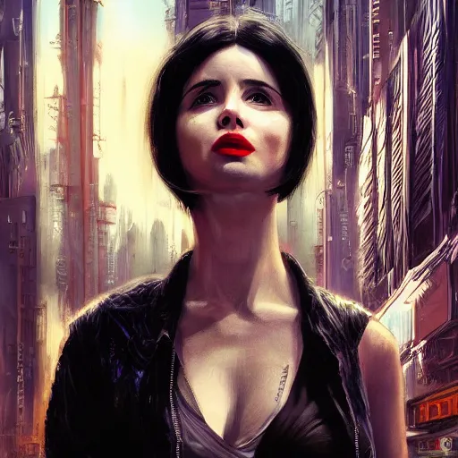 Image similar to molly millions, closeup portrait of a young beautiful isabella rossellini, mirror eye implants, black hair in a rough shag, sunset, neuromancer, street samurai, cyberpunk city background, megacity, gorgeous view, depth, painted by seb mckinnon, high detail, digital art, painted by greg rutkowski, trending on artstation