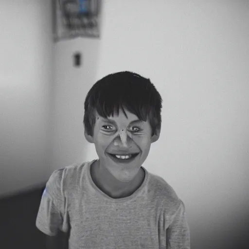 Prompt: a cyclops boy with one eye smiling but confused. High quality photograph. 35mm lens.
