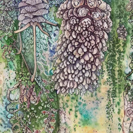 Image similar to delicate coastline garden on paper, spirals, stony, puffy, vines, botanical herbarium, botanic watercolors, iridescent, 8 k wide angle, realistic shaded, fine details, artstation, italian, rainbow, colonnade, oak, pinecone, pomegranade, vines, gardena architecture, pompeian, sicilian