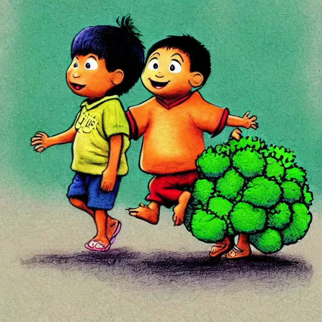 Image similar to epic professional kids book illustration of an East Indian toddler boy walking beside a friendly anthropomorphic broccoli, best on artstation, Behance, , astonishing, impressive, outstanding, epic, cinematic, stunning, gorgeous, masterpiece by Maurice Sendak and Bill Peet.