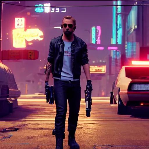 Image similar to ryan gosling in the game cyberpunk 2 0 7 7 as a getaway driver