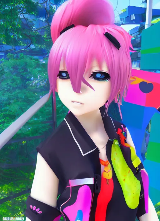 Prompt: anime, vrchat, secondlife, imvu, 3 d model of a girl wearing harajuku colorful clothes, pop colors, kawaii hq render, detailed textures, artstationhd, booth. pm, highly detailed attributes and atmosphere, dim volumetric cinematic lighting, hd, unity unreal engine