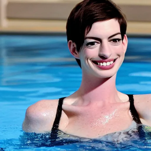 Prompt: Anne Hathaway In a swimming pool swimming