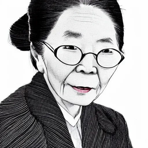Prompt: portrait of an elderly Japanese woman dressed on a suit and tie, her hair in a tight bun, a serious expression on her face, digital art, elegant pose, detailed illustration