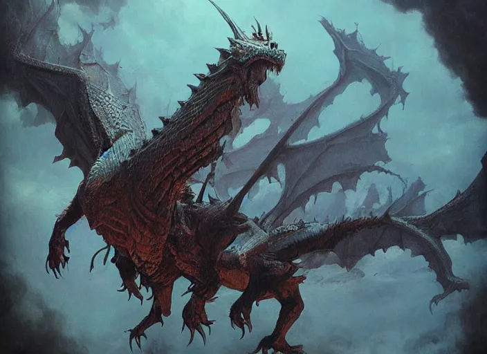 Prompt: dragon concept, dragon body, dragon head, monster hunter monster, brent hollowell, beksinski