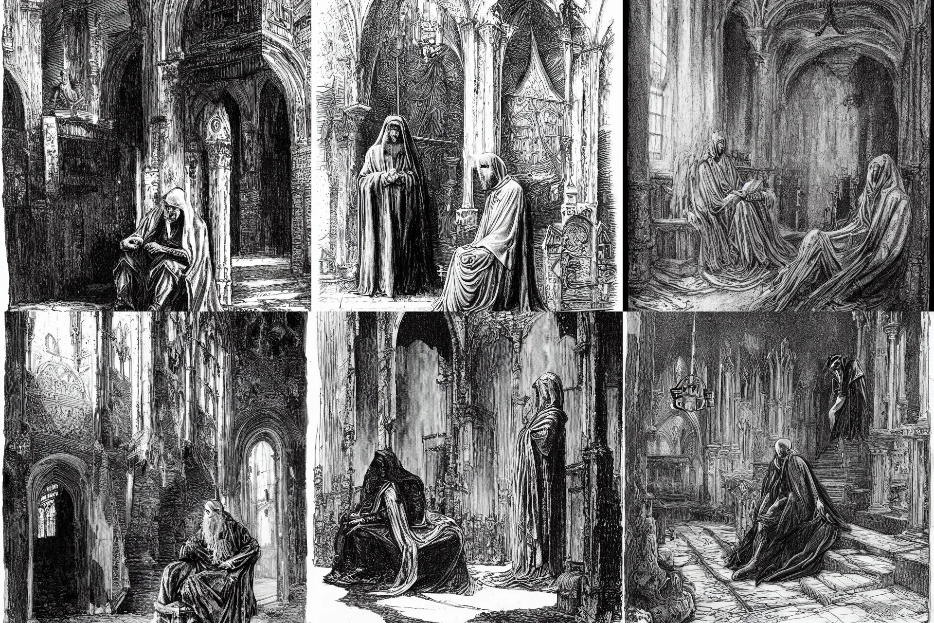 Prompt: a black and white illustration of a seated robed figure of the king in yellow in a decrepit church by bernie wrightson, ian miller, gustave dore, storybook illustration, highly detailed, pen and ink on paper