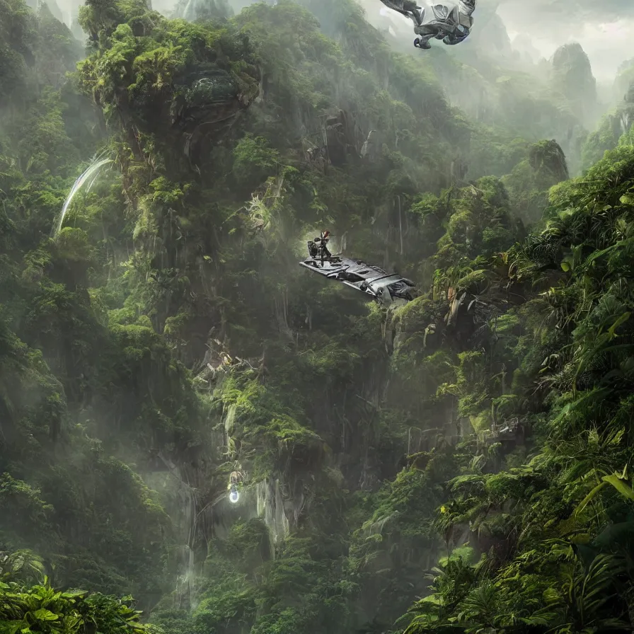 Image similar to hyperrealistic matte painting of futuristic robot quetzalcoatl, flying above the jungle by eddie mendoza, beeple, 4 k, trending on cgsociety