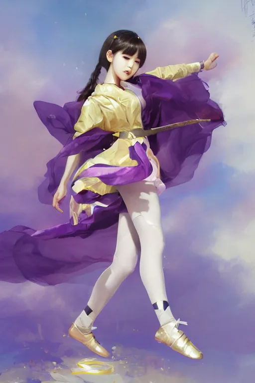 Image similar to Full View of Eunha from Viviz and gFriend with short hair wearing a purple military uniform and puffy silk shorts, white leggings, Golden Ribbon, and a billowy scarf. Rhythmic gymnastics poses. masterpiece 4k digital illustration by Ruan Jia and Mandy Jurgens and Artgerm and greg rutkowski and WLOP, award winning, Artstation, art nouveau aesthetic, Alphonse Mucha background, intricate details, realistic, panoramic view, Hyperdetailed, 8k resolution, intricate art nouveau