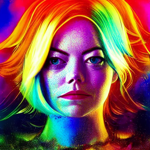 Image similar to surreal Emma Stone covered in chromatic distortions standing in mysterious place, beautiful, psychedelic, lsd, trending on artstation, artwork by Hughes, Edward Robert