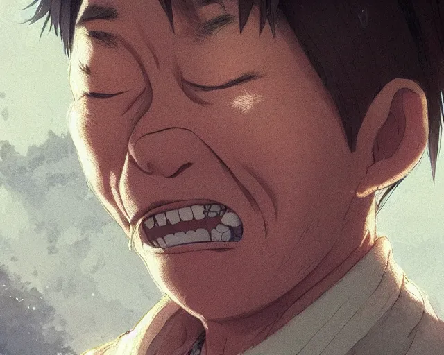 Prompt: a 50 year old brunnete chinese man with puffy cheeks bursting in tears on the floor, close up shot, anime art, Greg Rutkowski, studio ghibli, dramatic lighting