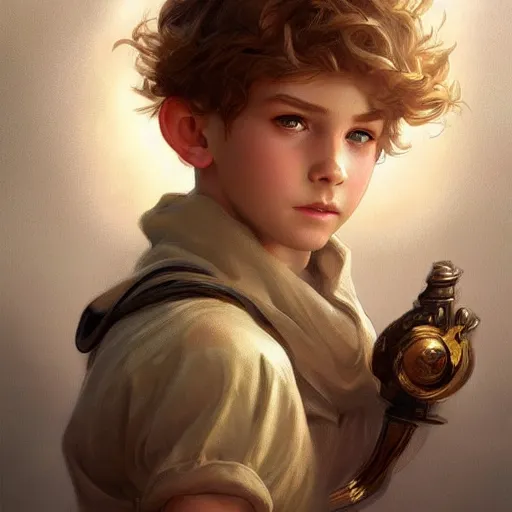 Image similar to young boy, light hair, gorgeous, son of peter pan, amazing, feminine, elegant, intricate, highly detailed, digital painting, artstation, concept art, sharp focus, illustration, art by artgerm and greg rutkowski and alphonse mucha