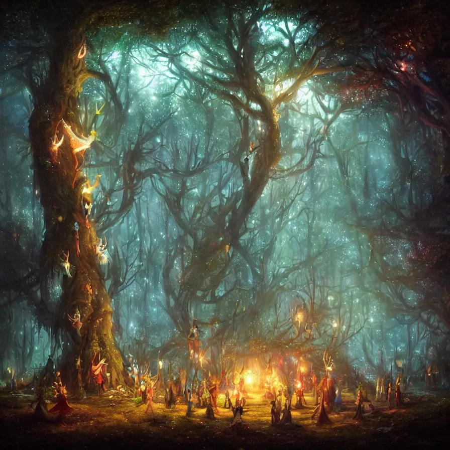 Prompt: a night carnival fairies around a magical tree, christmas lights, creatures and fantastic people disguised as fantastic creatures in a magical forest by summer night, masterpieceunderwater scene, painted by greg rutkowski and rene laloux, volumetric lightning