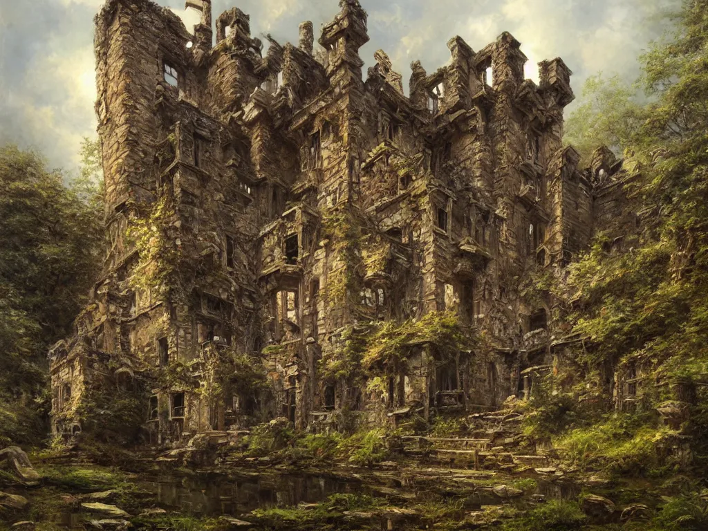 Image similar to A beautiful painting of a dilapidated ancient castle building in the wood, by Noriyoshi Ohrai, Trending on artstation, very detailed