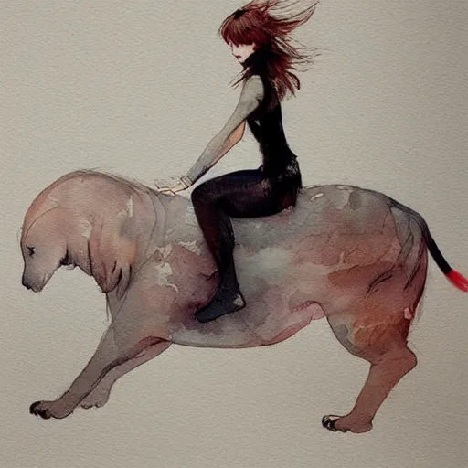 Image similar to girl riding a tiger, art, minimalistic painting, watercolor on paper, high quality, by Berthe Morisot, by Conrad Roset, trending on artstation