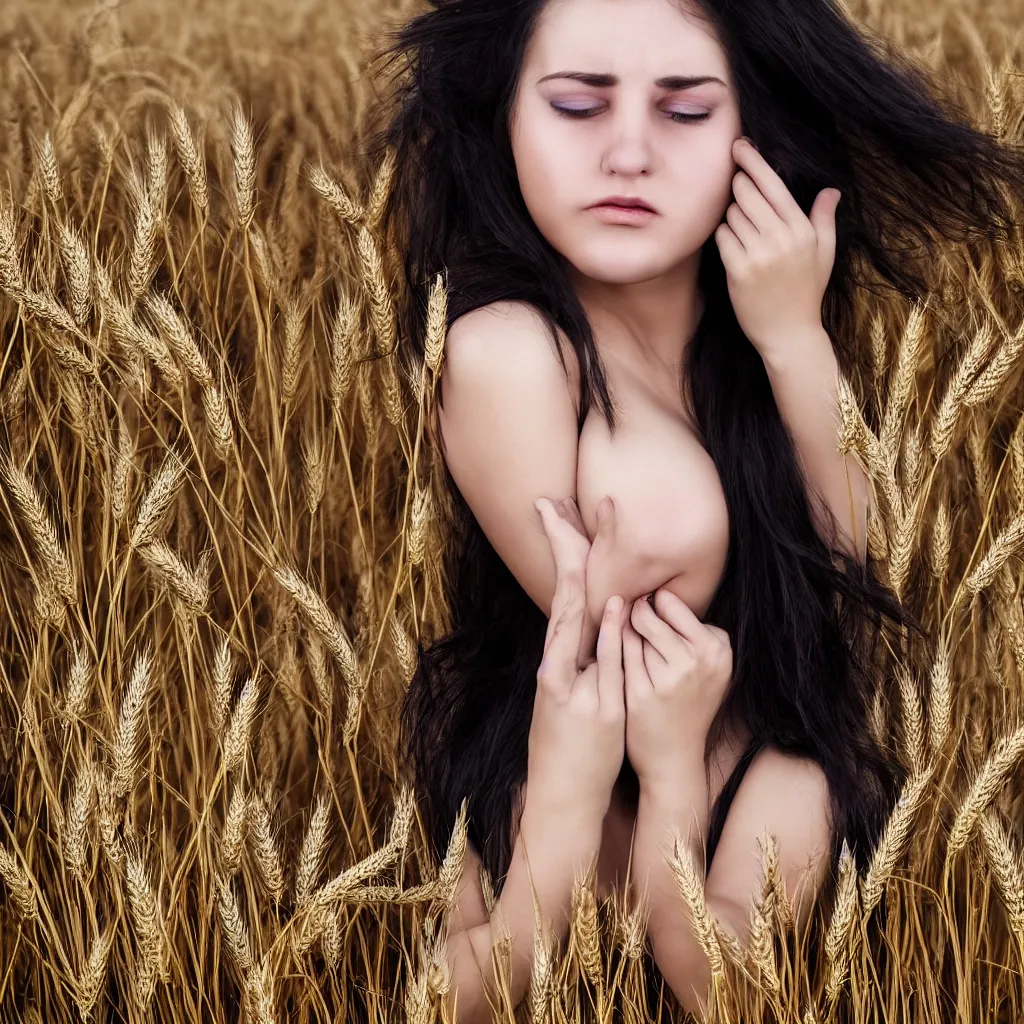 Image similar to A 25 years old Paludnitsa crying in a wheat field. Long black hair, perfect face, beautiful eyes, smooth, sharp focus, vivid colors, highly detailed, digital art, 4k, medium shot.