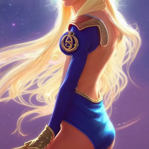 Image similar to Victoria Justice with blonde hair as Sailor Moon, western, D&D, fantasy, intricate, elegant, highly detailed, digital painting, artstation, concept art, matte, sharp focus, illustration, art by Artgerm and Greg Rutkowski and Alphonse Mucha