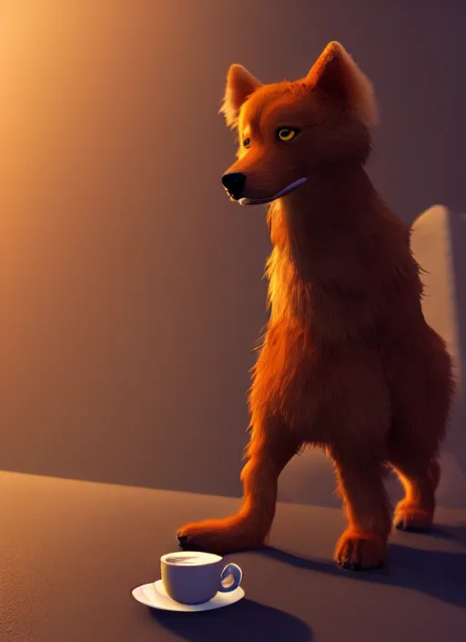 Image similar to female furry dog drinking coffee, cinematic lighting, hyper detailed, furry art style