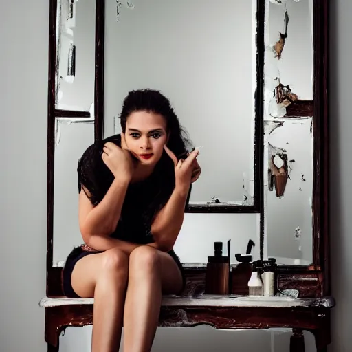 Image similar to a beautiful woman sitting at a vanity in front of a cracked mirror, beautiful face, fashion photography, elegant furniture, cracked mirror, cracks