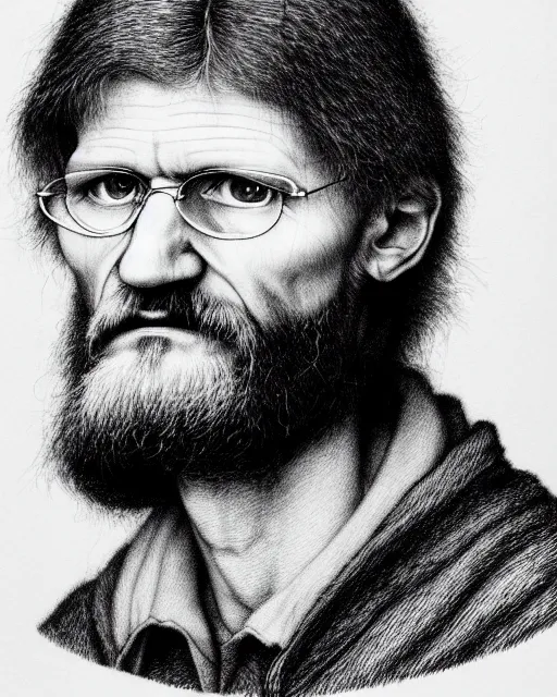 Prompt: ted kaczynski, hyper realism, fine details, deviantart artstation, extremely detailed, black and white, very sharp, in the style of albrecht durer, etching,